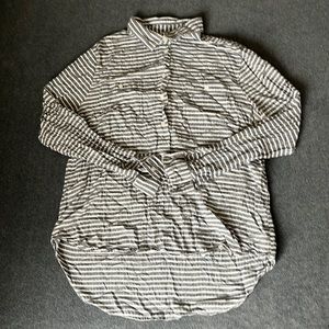 Grey and White Striped Half-Button Up Collared Hi-Low Shirt